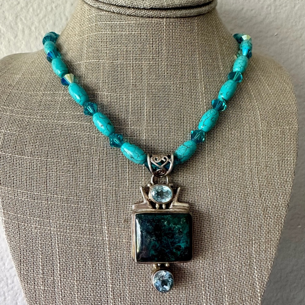 Handknotted Turquoise and Crystal Gemstone Necklace/Pendant Sterling Silver